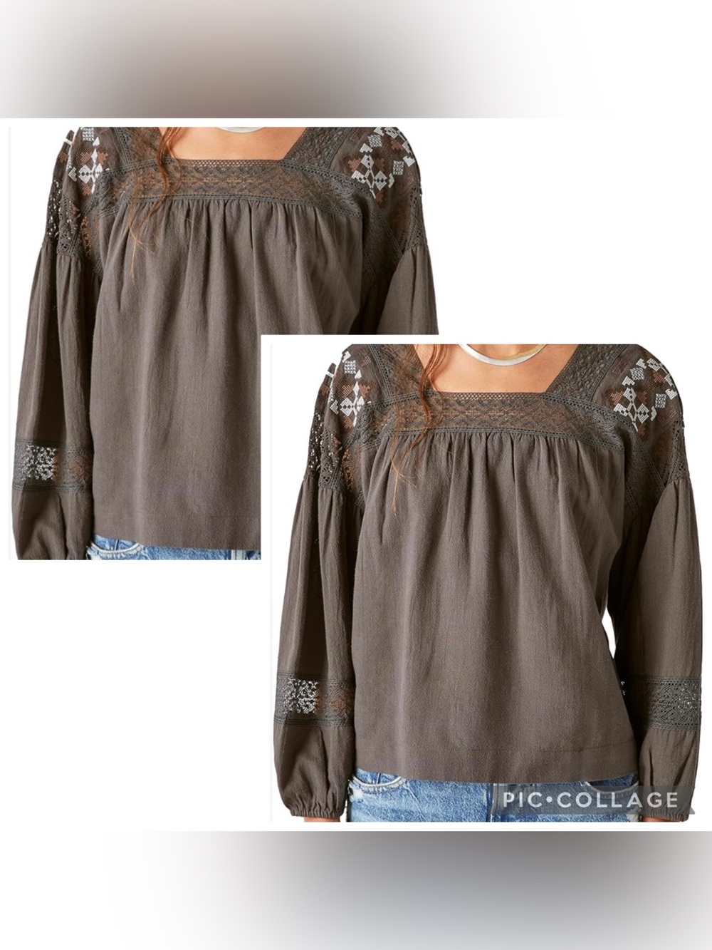 LUCKY BRAND Women’s Washed Black Embroidered Shoulder Peasant Blouse Size Large.